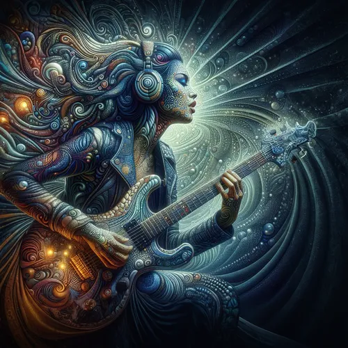 mystical portrait of a girl,astral traveler,blue enchantress,woman playing violin,fantasy art,psychedelic art,shamanic,cosmic flower,vibration,violin woman,mysticism,electric guitar,the enchantress,music fantasy,sorceress,inner light,priestess,astral,shamanism,fractals art