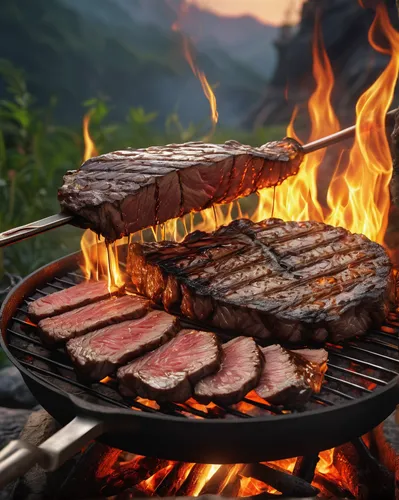 grilled meat, raw steak, cooking over campfire, prehistoric setting, dinosaur in background, jungle environment, survival theme, rustic wooden spit, stone tools, primitive cooking techniques, fire spa