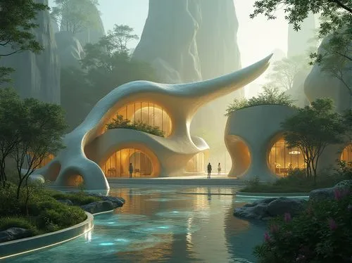 futuristic landscape,futuristic art museum,dolphin fountain,futuristic architecture,plesiosaurs,3d fantasy,fantasy landscape,quetzalcoatlus,diamond lagoon,mushroom landscape,the dolphin,nessie,architeuthis,underwater oasis,concept art,sauropod,ecotopia,plesiosaur,delphinus,aquarium,Photography,General,Realistic