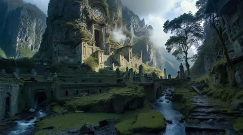 a fantasy landscape with trees, waterfalls, and a castle,rivendell,gondolin,nargothrond,tirith,erebor,ithilien,Photography,General,Realistic