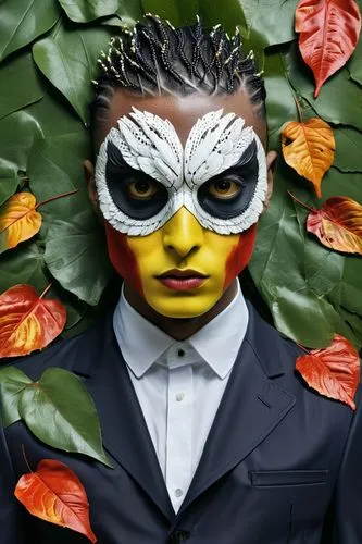 A vibrantly colored owl with piercing bloody scary eyes camouflaged among leaves. The image evokes a sense of mystery, danger, and the beauty of nature's intricate designs. also zoom in on his eyes,ma