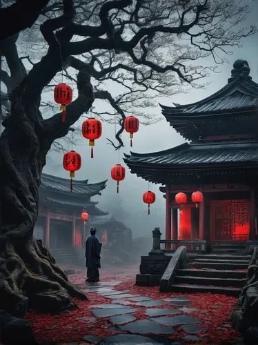 Dark malevolent shrine, Japanese-style architecture, intricate carvings, old stone walls, mysterious ambiance, eerie red lanterns, dimly lit, foggy atmosphere, ancient trees surrounding, twisted roots