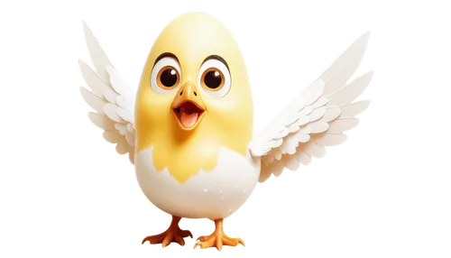 Cartoon style, chicken egg, white shell, brown spots, cracked open, yellow yolk, cute facial expression, beak open, wings spread, sitting, soft focus, warm lighting, shallow depth of field, pastel col