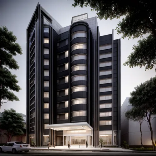 7-storey commercial building, 10m frontage, with underground parking. Modern architectural design style, lots of glass, light and dark walls, white. impression of gentle curves.,bulding,appartment bui