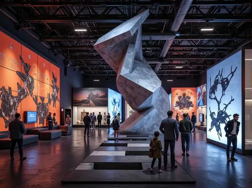 Deconstructivist exhibition center, fragmented architectural forms, irregular shapes, unconventional materials, industrial textures, exposed ductwork, metallic beams, dynamic LED lighting, strobe ligh