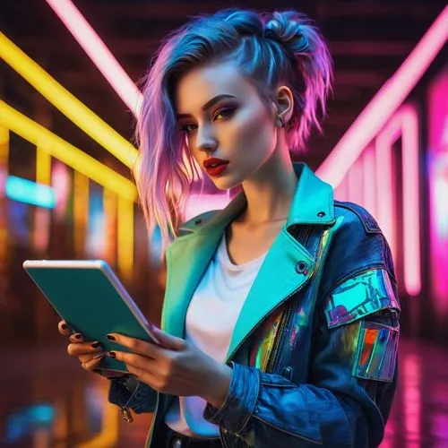 cyberpunks,neon,girl studying,girl at the computer,neon lights,cyberpunk,neon colors,neon light,kindle,colorful background,holding ipad,neon makeup,librarian,wallis day,programadora,book electronic,reading,cyber,synth,punk,Art,Artistic Painting,Artistic Painting 32