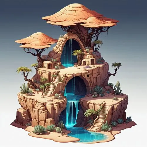 mushroom island,floating islands,mushroom landscape,floating island,a small waterfall,zoombinis,Illustration,Abstract Fantasy,Abstract Fantasy 11