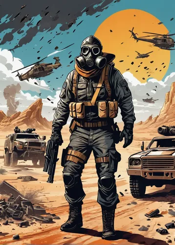 wasteland,post apocalyptic,mad max,post-apocalyptic landscape,sandstorm,apocalyptic,erbore,fallout,gorilla soldier,sci fiction illustration,game illustration,fallout4,lost in war,war correspondent,apocalypse,desert run,gas mask,fresh fallout,smoke background,dune 45,Unique,Design,Sticker