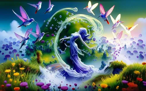 Traditional Beauty in Nature,a girl in a blue dress surrounded by birds,luigia,mermaid background,spring background,fairy world,flower painting,mushroom landscape,Illustration,Abstract Fantasy,Abstrac