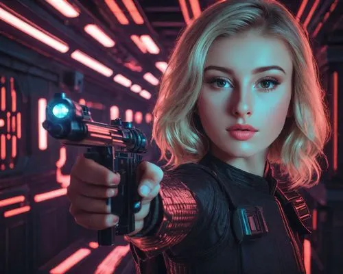 a beautiful blonde Star Wars lady pointing a blaster at the camera in a darkened neon room aboard the Death Star, facing the camera, cinematic, dramatic lighting, 4k,girl with gun,girl with a gun,lase