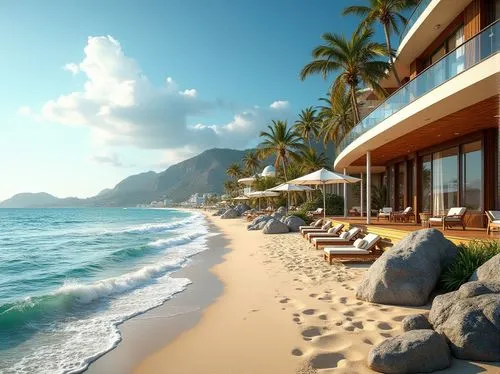 beachfront,oceanfront,dream beach,beach resort,beach landscape,tropical beach,seaside view,holiday villa,beach scenery,tropical house,seaside resort,oceanview,amanresorts,mountain beach,3d rendering,ocean view,luxury property,beach view,shoreside,shorefront,Photography,General,Realistic