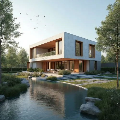 3d rendering,modern house,render,house with lake,revit,house by the water