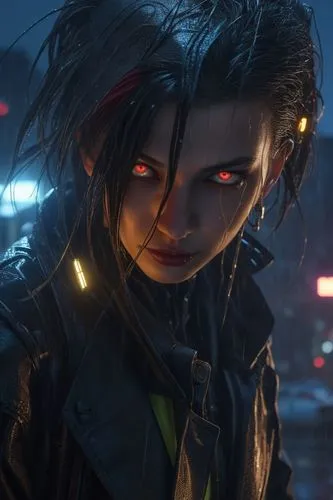 cyber female with red eyes and dark jacket,karai,gamora,renegade,kallen,zhomova,jdo,Photography,General,Realistic