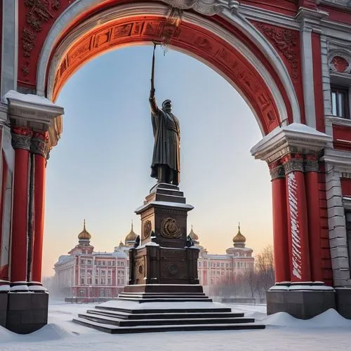 Stalinist architecture, grandiose, monumental, ornate details, symmetrical composition, imposing structure, Soviet Union flag, Moscow cityscape, winter scene, snow-covered rooftops, frozen fountain, L