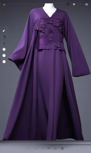 3d fashion drawing for loose abaya for Muslim hejab with dark purple ,a purple dress on display in a glass case,abayas,abaya,hakama,kaftan,veil purple,poiret,Photography,General,Realistic