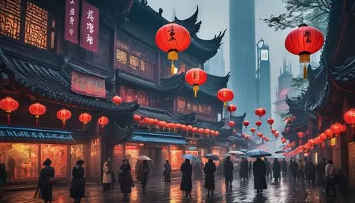 Shanghai, futuristic cityscape, evening time, neon lights reflecting off glass skyscrapers, bustling streets with crowds of people, traditional Chinese lanterns hanging from trees, vibrant billboards 