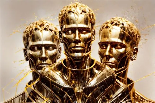 c-3po,digiart,random access memory,tin,electro,3d man,fractalius,endoskeleton,gold paint stroke,holy 3 kings,men,heads,cybernetics,computer art,golden scale,humanoid,three-dimensional,bronze figures,metal,cgi