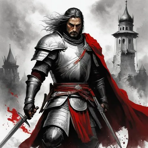 art by Antonio J Manzanedo. Russian warrior Alexander Nevsky standing battle-ready with a drawn short sword in hand. black and white but deep red. white background <lora:add-detail-xl:2> <lora:MJ52:0.