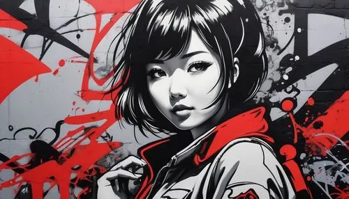 cute girl, Japanese, 28 years old, close-up, two colors,monochrome image, red and black, photo from below, long street, city of the future,graffiti art,geisha girl,japanese art,streetart,geisha,graffi