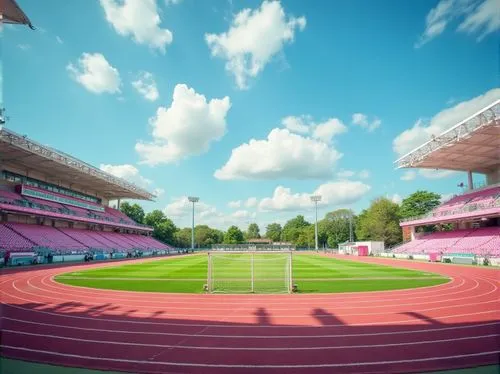 Sports field, pink track, vibrant pink goalposts, pink stripes on athletic uniforms, bright pink sports equipment, pink accents on stadium seats, lush green grass, sunny day, clear blue sky, puffy whi