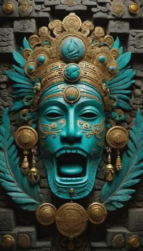 Ancient Aztec logo, intricate stone carving, ornate headdress, feathered serpent deity, golden jewelry, turquoise mosaic, symmetrical composition, mysterious ambient lighting, misty atmospheric effect