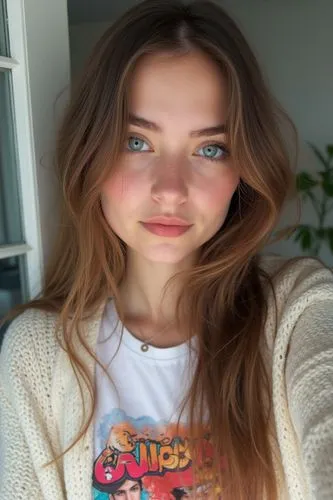 

The image is a vibrant and artfully composed selfie taken by an amateur photographer, showcasing the natural beauty of a young woman. The girl has long, chestnut brown hair that tumbles down her bac