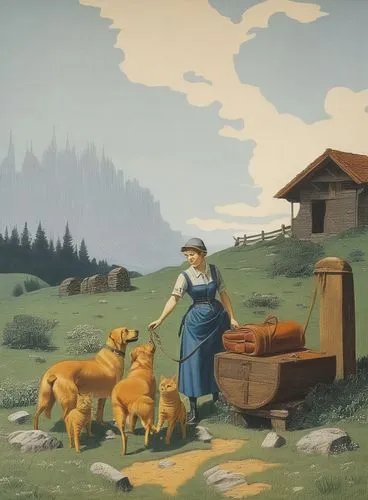 Farklı deri malzemelerden bot görünümü ,a lady is walking three dogs around a cart,agricultural scene,homesteader,homesteaders,shepherdess,shepherd,bunyan,Art,Artistic Painting,Artistic Painting 50