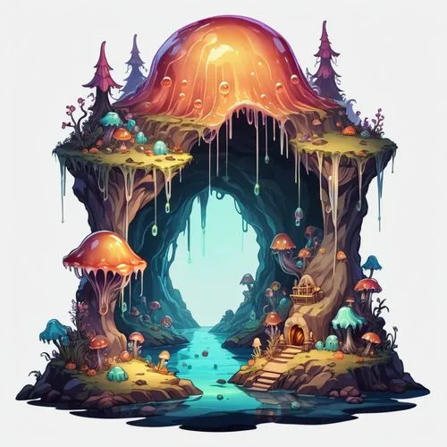 mushroom island,mushroom landscape,fairy village,fairy world,fairy house,fairy chimney,Illustration,Abstract Fantasy,Abstract Fantasy 11