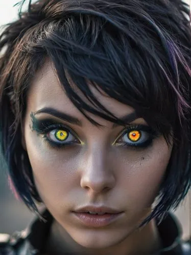 women's eyes,cat eyes,heterochromia,gold eyes,fire eyes,yellow eyes,tracer,pupils,cat eye,violet eyes,pupil,eyes makeup,owl eyes,black eyes,eyes,catwoman,cyberpunk,raven girl,gara,orange eyes,Conceptual Art,Fantasy,Fantasy 33