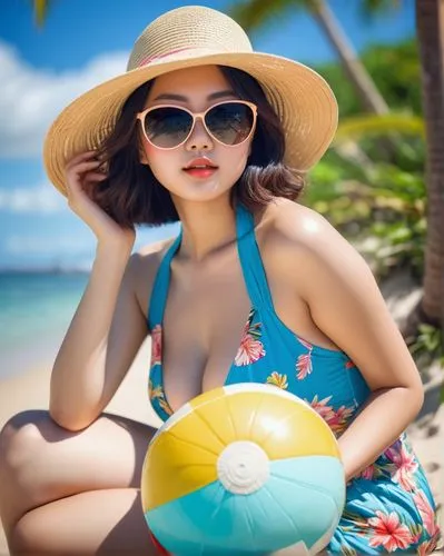 Busty Japanese girl, bikini, summer, beach, sandy shore, palm trees, tropical flowers, bright sunshine, blue sky, few clouds, gentle sea breeze, soft focus, shallow depth of field, vibrant colors, bea