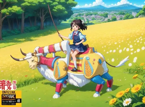 a girl riding a wooden cow on the grass,hosoda,yamada's rice fields,repnin,oxcart,nouaimi,nagqu,Anime,Anime,Traditional