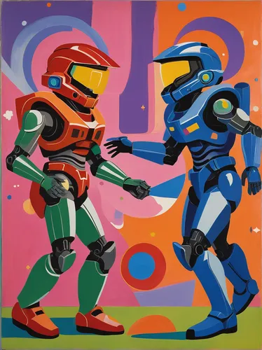 robot combat,robots,fist bump,into each other,metal toys,dispute,painting technique,modern pop art,pop art colors,sakana,cool pop art,coupling,t2,duel,robot icon,gundam,sega,robotics,plastic arts,friendly punch,Art,Artistic Painting,Artistic Painting 38