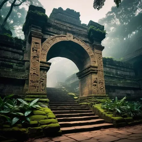 Ancient uiuc arch, mysterious Mayan ruins, dense jungle surroundings, vines crawling up stone walls, intricate carvings on pillars, moss-covered steps, dimly lit interior, atmospheric fog, golden hour