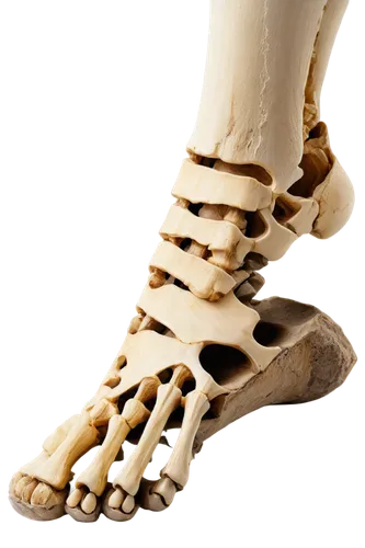 Right foot, skeletal system, detailed bones, ankle joint, metatarsal bones, phalanges, calcaneus, talus, cuboid bone, navicular bone, cuneiform bones, 3/4 composition, close-up shot, soft lighting, re