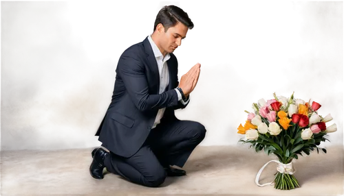 Husband, apologetic expression, kneeling down, hands together in prayer, remorseful eyes, black hair, suit, white shirt, black trousers, wife's favorite flowers in hand, soft lighting, warm color tone