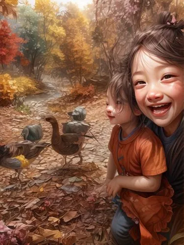 children's background,happy children playing in the forest,autumn background,kids illustration,world digital painting,girl and boy outdoor,oriental painting,autumn idyll,autumn day,autumn theme,the autumn,chinese art,autumn leaves,autumn taste,autumn scenery,digital painting,in the autumn,autumn,thanksgiving background,child portrait