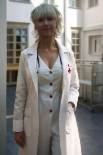 Медсестра в медицинском белом застёгнутом  халате  В Полный Рост ,the woman in a white coat is standing by a building,female doctor,cruella de ville,cruella,female nurse,whitecoat,sia