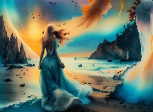 beautiful nude female 35 45 from brazil infront of the sea wave and amazing sunset flying bird above ,a beautiful girl looking at the bird flying in front of her,fantasy picture,fantasy art,dreamscape