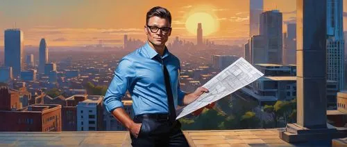 Modern architect, standing, confident posture, glasses, short brown hair, professional attire, blue shirt, black tie, black trousers, black leather shoes, holding blueprints, pointing, cityscape backg