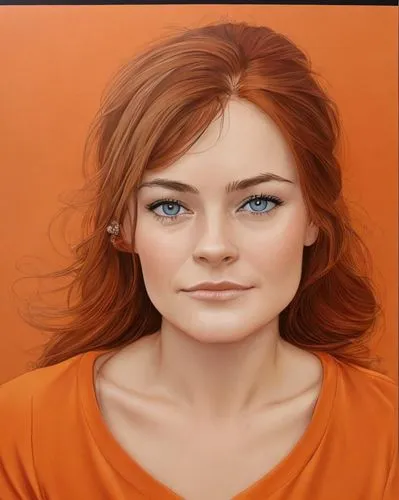 portrait of Catherine McCormack 21-year-old, dark-auburn-hair, orange-shirt,orange,orange color,orange half,girl portrait,orange robes,digital painting,bright orange,nora,half orange,oranges half,port