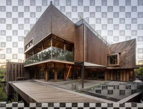 designed by frank lloyd wright, wood, concrete, glass,cube house,timber house,cubic house,modern architecture,wooden house,house shape,modern house,dunes house,building honeycomb,checkered floor,latti