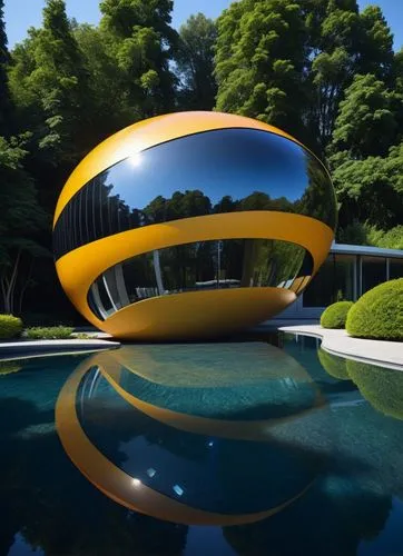 Oil paint painting effect,high quality and realistic painting ,a pool is decorated with a large metal sphere,inflatable ring,inflatable pool,infinity swimming pool,swim ring,futuristic architecture,pa