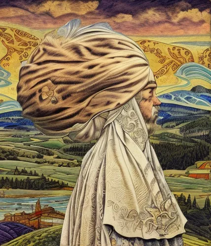 woman of straw,girl with cloth,little girl in wind,turban,headscarf,tapestry,praying woman,woman holding pie,girl in cloth,the hat of the woman,girl with bread-and-butter,woman praying,burqa,blonde woman,woman thinking,mystical portrait of a girl,woman's hat,mother earth,kundalini,turnover,Calligraphy,Illustration,Fantasy Illustrations