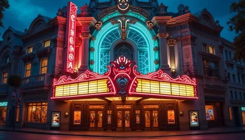 Vibrant cinema facade, eclectic architectural style, ornate decorations, grand entrance, intricate moldings, ornamental columns, bright neon lights, dynamic signage, retro-futuristic details, metallic