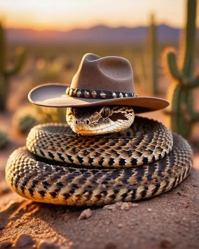 Western desert, sunset time, a rattlesnake, wearing a miniature cowboy hat, scaly skin, piercing eyes, curled up body, resting on a rock, cactus nearby, sandy terrain, tumbleweed rolling by, warm gold