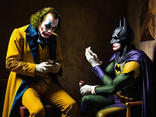 comic characters,interrogation,bodypainting,crime fighting,cosplay image,joker,superheroes,body painting,riddler,arm wrestling,comedy and tragedy,sidekick,personages,cosplay,supervillain,interrogation point,magic tricks,talking,halloween costumes,conceptual photography,Art,Classical Oil Painting,Classical Oil Painting 07