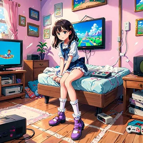 gamecube,hikikomori,sega mega drive,suzumiya,idealizes,playing room,msx,sega,nostalgic,ushio,snes,crt,nintendo gamecube,tekmeh,sega genesis,consoles,classroom,anime 3d,megumi,michiru,Anime,Anime,Traditional