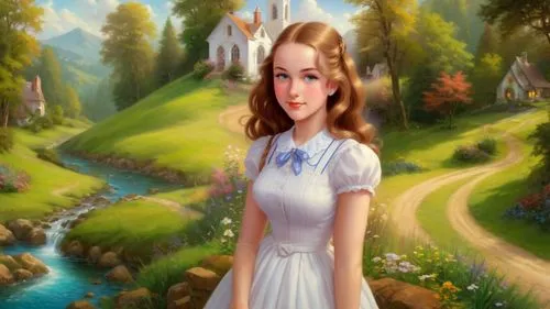 Romantic masterpiece oil painting, cute girl portrait, nostalgic 1950's style kitsch, rolling hills landscape, lush forest village scenery, by Thomas Kinkade, by Bob Ross,fantasy picture,avonlea,girl 