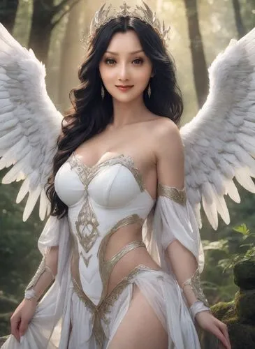 Long dark hair angel, pale skin, Smilingly, H-Cup, big chest, white angel wings, sweetness vibes, heaven angel,,vintage angel,baroque angel,angel wings,angel,angel girl,fallen angel,faerie,stone angel