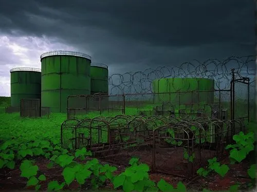 Nuclear waste facility, futuristic, industrial, metallic structure, concrete foundation, cylindrical containers, warning signs, barbed wire fencing, surveillance cameras, rusted pipes, steel beams, ee